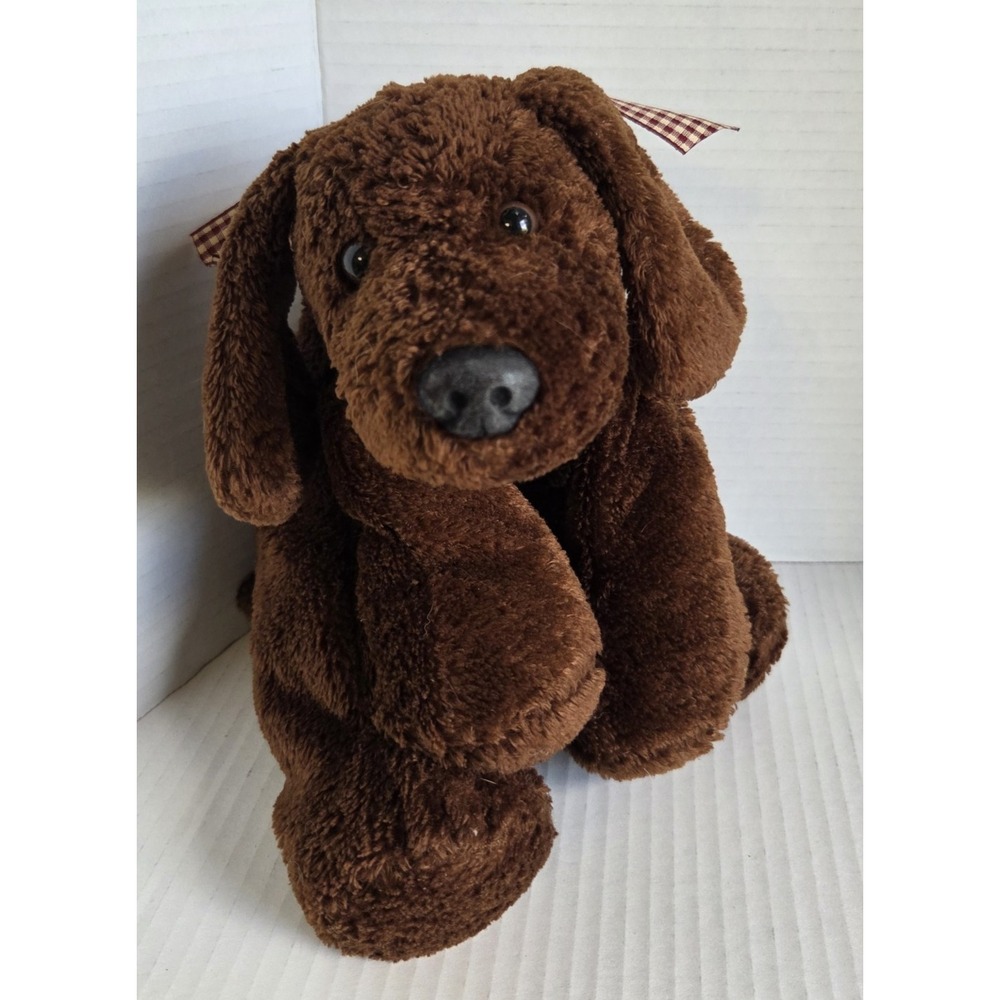 Mary Meyer Flip Flops Plush Stuffed Animal Puppy Dog Dark Brown Red Gingham Bow